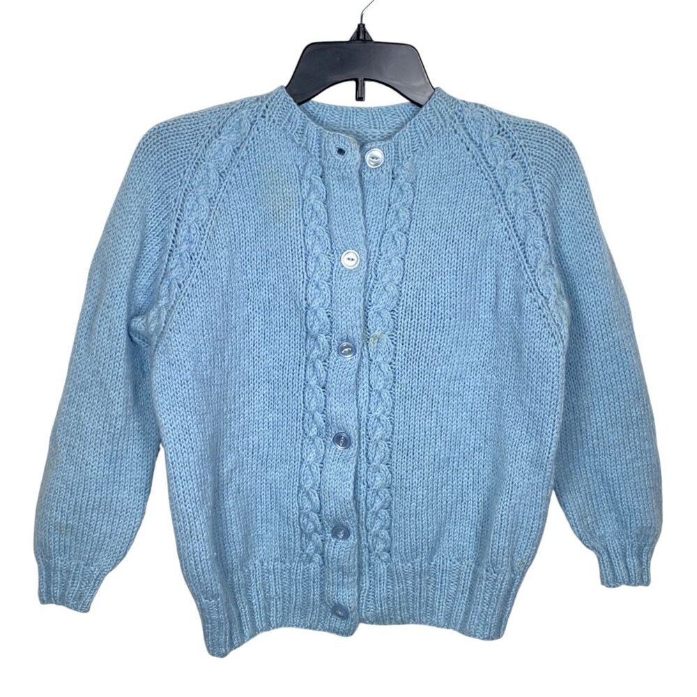 Vintage Childs Handmade Cable Knit Button Up Cardigan Sweater Long Sleeve Blue